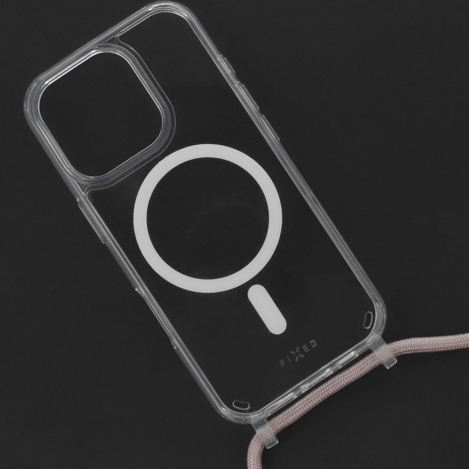 Etui ze smyczą FIXED MagPure Neck do MagSafe z dodatkowym filtrem anty UV do iPhone 16 Pro, różowe